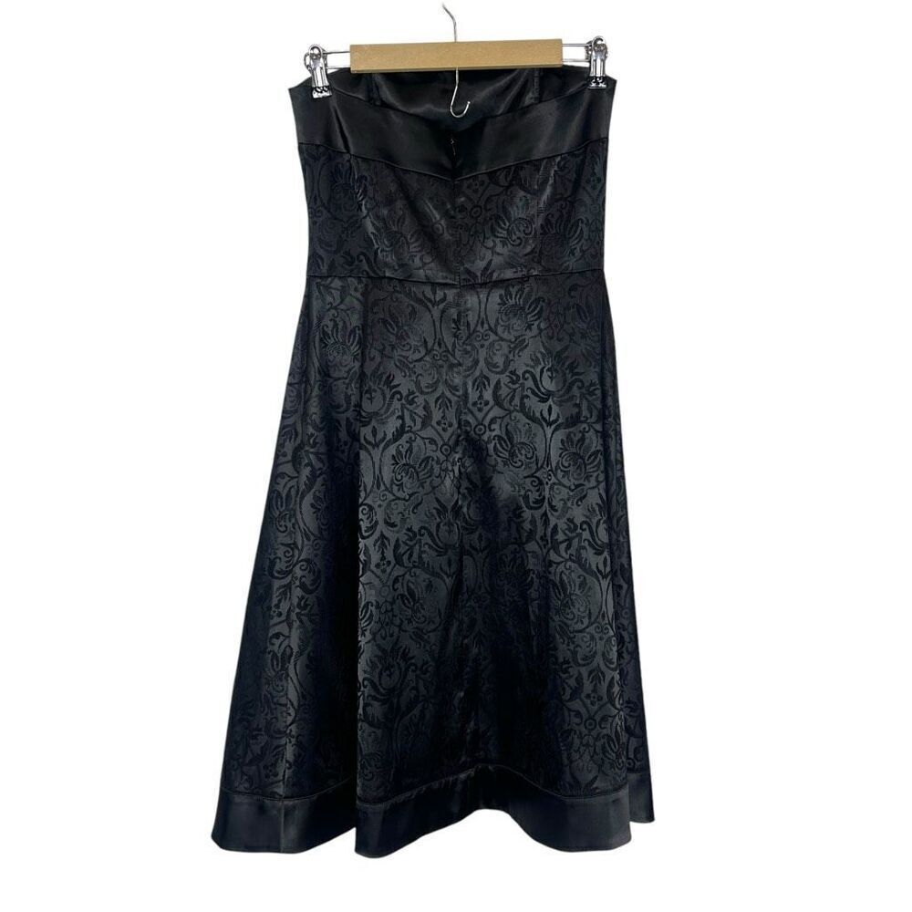 White House Black Market Strapless Midi Dress 4 Black Damask Fit & Flare WHBM - Picture 3 of 16